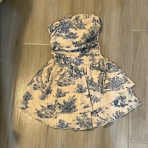 Cider Blue and Cream Strapless Dress